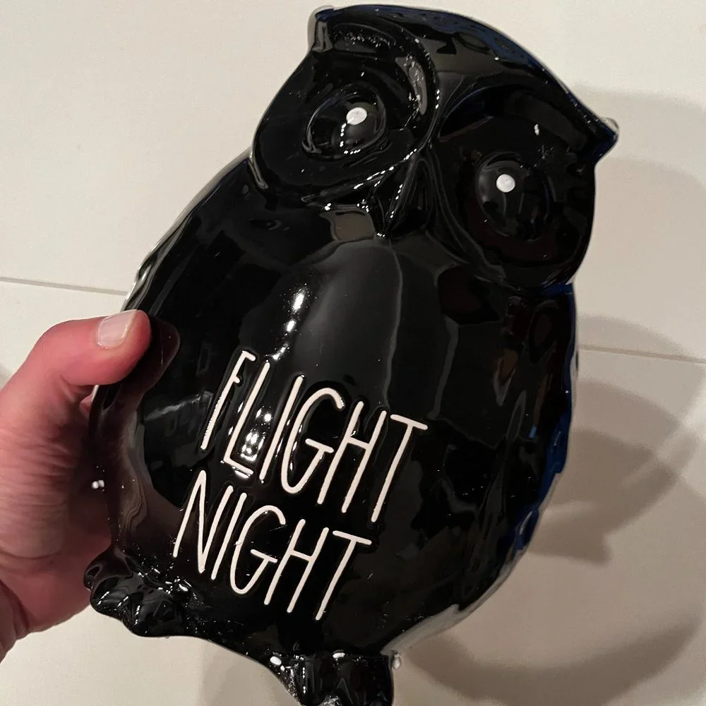 Rae Dunn FLIGHT NIGHT Black Owl Ceramic Figure Halloween Fall Decor NIB Magenta‎